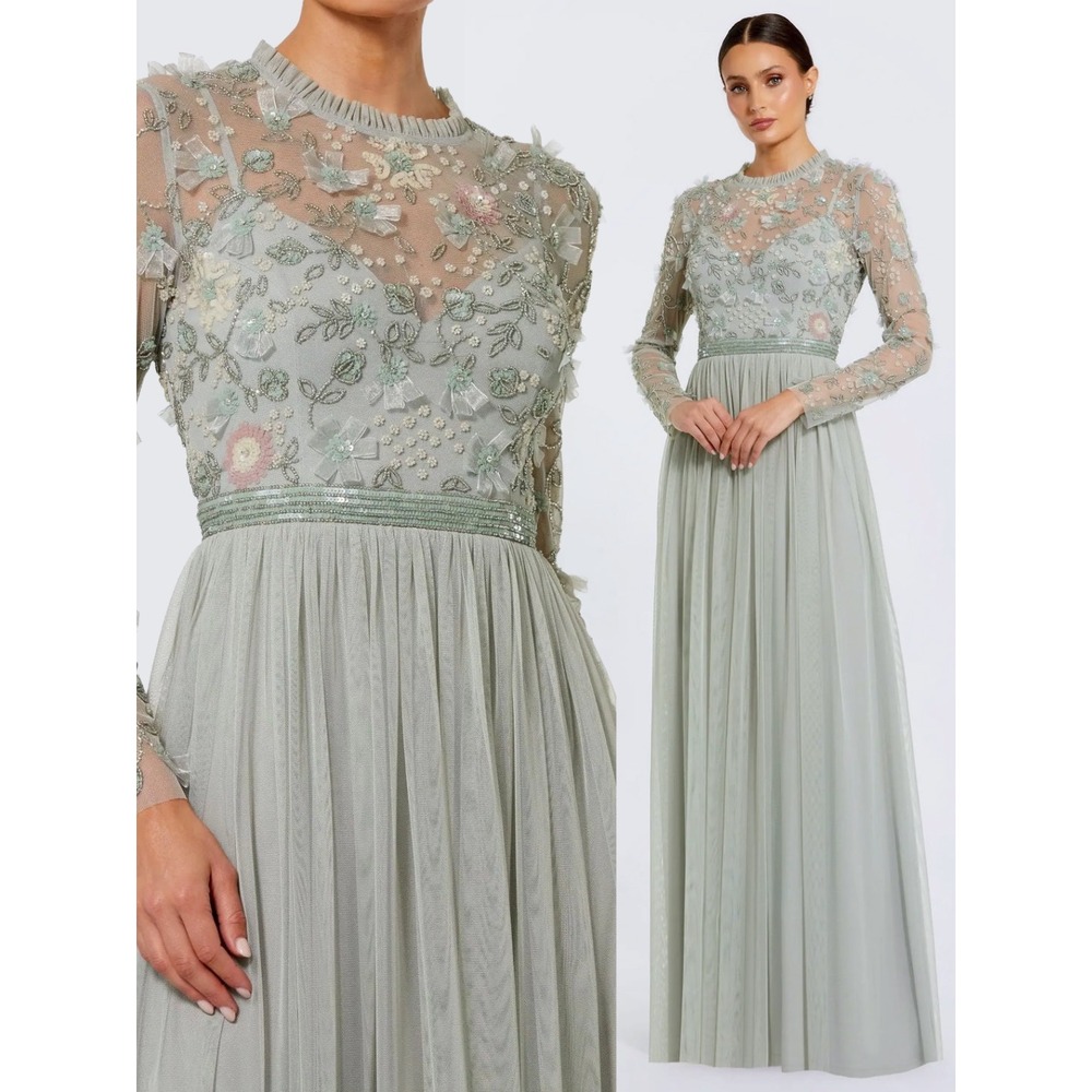 NWT Mac Duggal Green Embellished Illusion High Neck Long Sleeve Gown $598 Size 6
